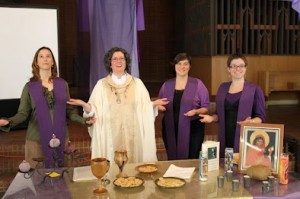 Presiding at communion. L-R: Bonnie Rambob, Joellynn Monahan, Natalie Terry, Christine Haider-Winnett